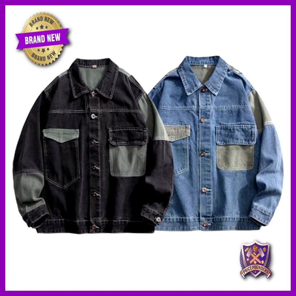 Oversized Denim Jacket Patchwork Color Block Butt… - image 5